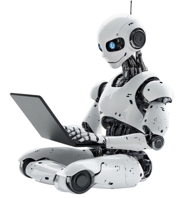 Futuristic robot using laptop